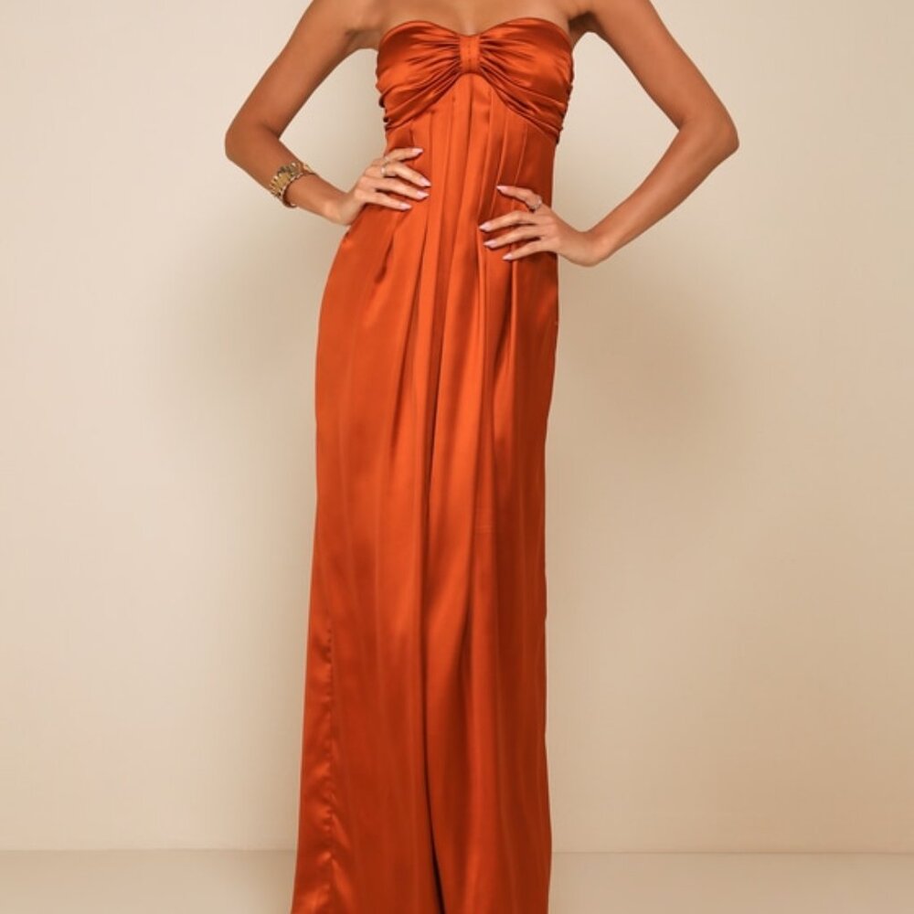 Lulus Memorable Entrance Rust Orange Strapless Satin Maxi Dress - Size XL, NWT
